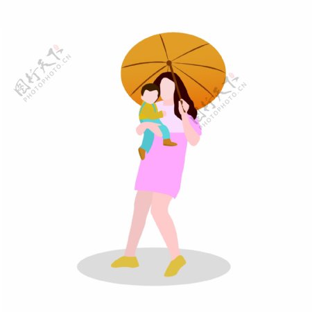 抱着孩子打着伞的女人矢量素材