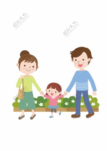 通用节日彩色卡通手绘一家人散步