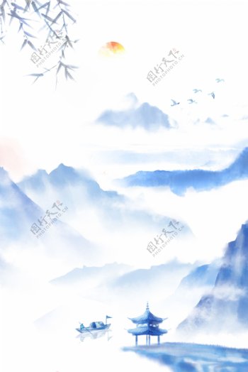 蓝色中国风山水背景