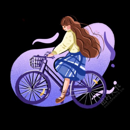 骑自行车女孩彩色系手绘插画png免抠素材