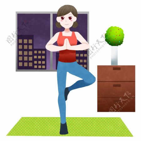 室内瑜伽的女孩插画