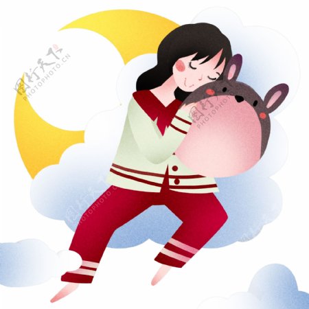 抱着玩具布偶睡觉的女孩插画