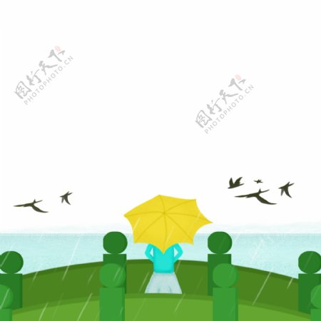 春天湖水雨桥PNG风景装饰绿色海报边框