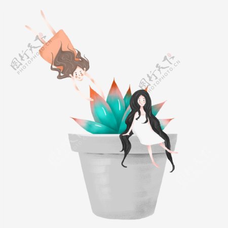 简约坐在盆栽上的女孩插画海报免抠元素
