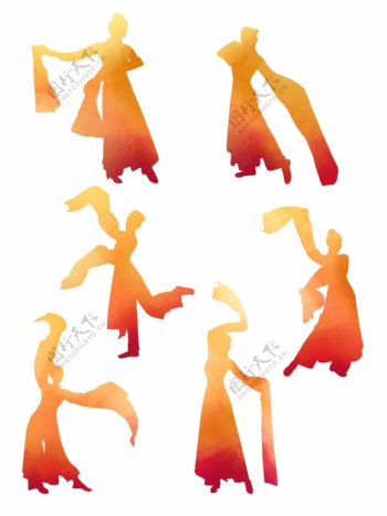 手绘水彩黄橙叠加水袖舞舞者人物舞蹈元素