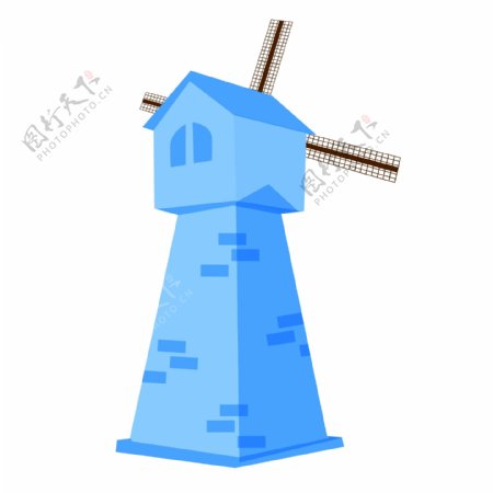 田园风车蓝色手绘卡通欧洲建筑广告素材