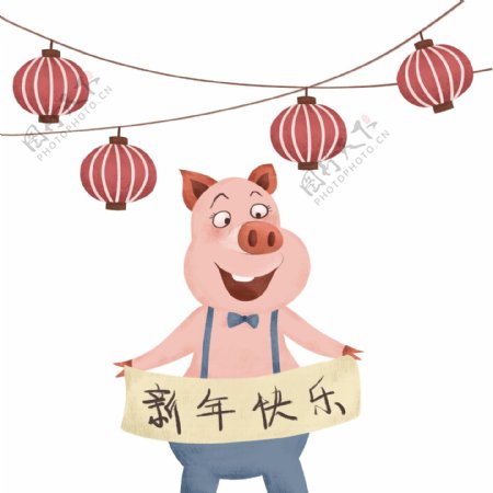 2019金猪恭贺新年快乐卡通手绘