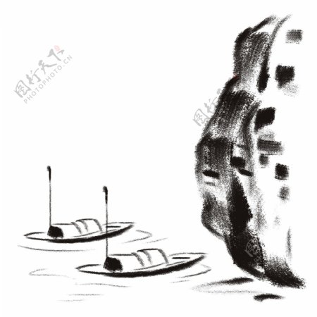 水墨水面停泊渔船插画