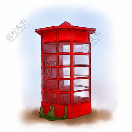 手绘水彩红色复古电话亭