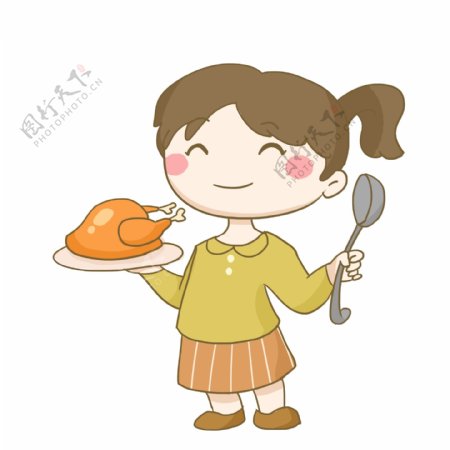 感恩节端着一盘火鸡的女孩免抠PNG素材