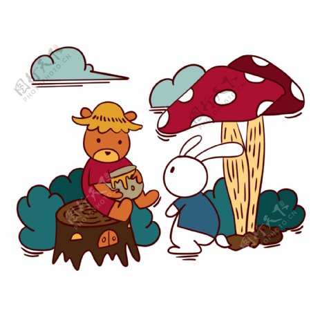 手绘卡通可爱童话小熊和小白兔