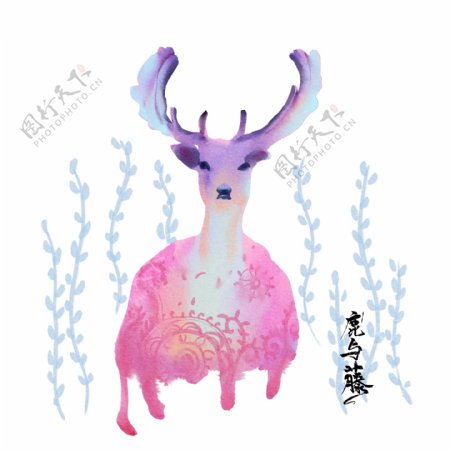 手绘水彩插图鹿与藤粉红