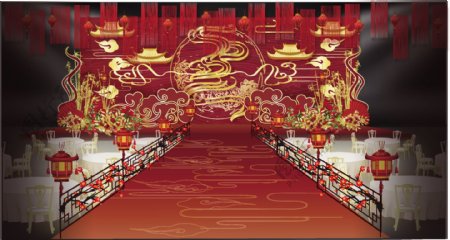 传统红色中式婚礼主舞台设计效果图