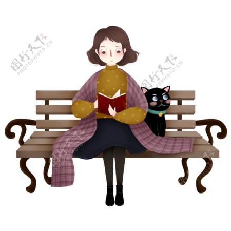 卡通可爱坐在长椅上看书的女孩元素
