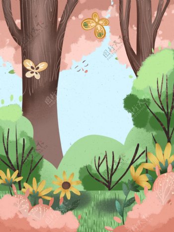 手绘春季树林花丛背景设计