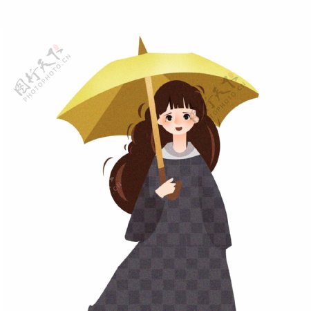复古肌理撑着伞的女孩子插画设计