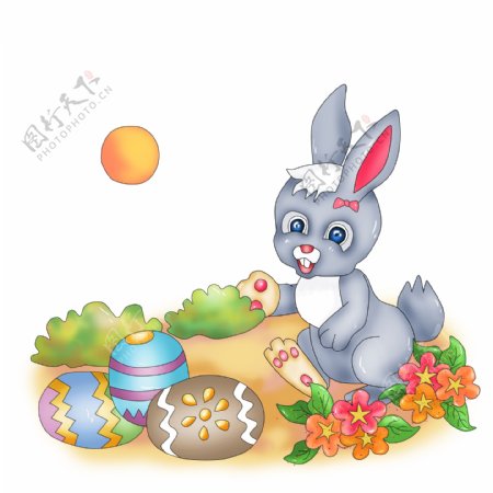 可商用高清手绘小清新复活节兔兔花丛藏彩蛋