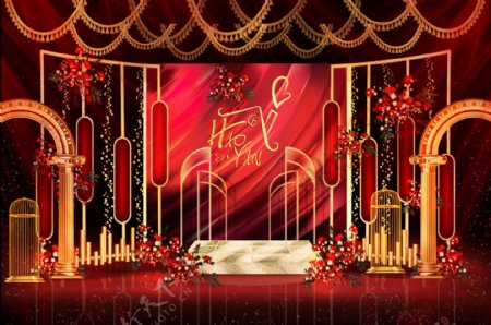 欧式红金大气创意造型舞台婚礼留影区