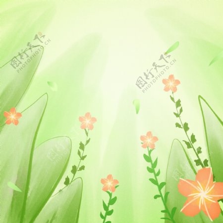 手绘小清新树叶花朵绿色植物背景