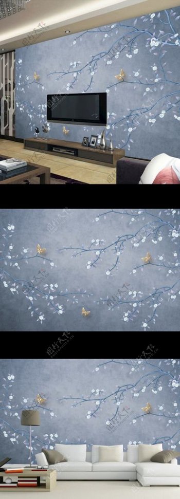 新中式手绘工笔花鸟电视背景墙