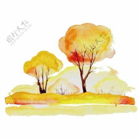 手绘水彩画黄色树林元素