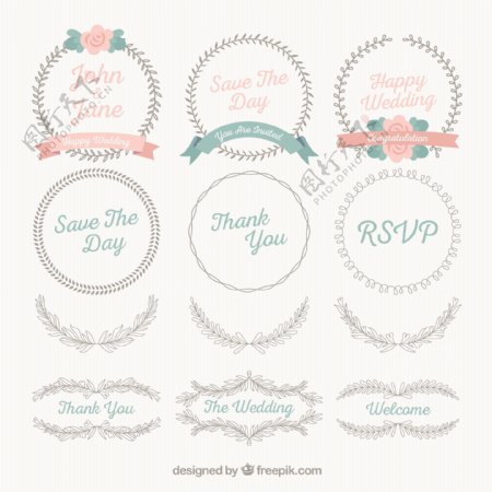 创意婚礼花纹和标签矢量图