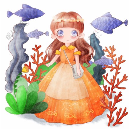 手绘可爱女孩深海海草和鱼