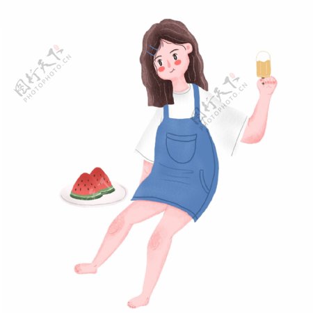 卡通可爱夏天吃西瓜的女孩