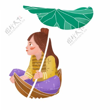 手绘复古肌理坐船撑伞的女孩