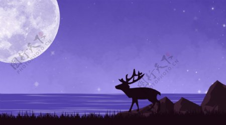唯美手绘夜晚河边小鹿插画背景