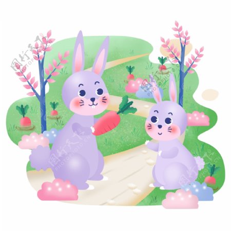 母亲节兔子手绘母亲和孩子动物卡通元素