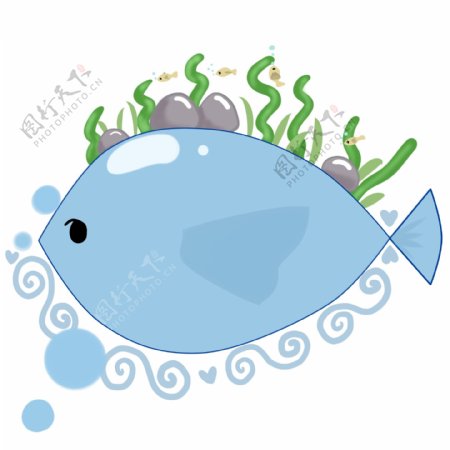 蓝色小鱼气泡插画