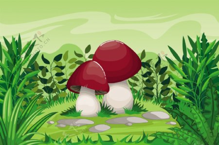 卡通郊外草地里的蘑菇