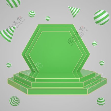 C4D绿金色六角形晶格电商舞台底座免抠图