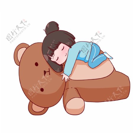 爬熊上睡觉女孩插画