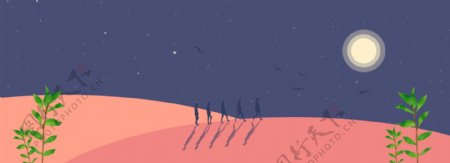 夜色月亮队伍沙漠荒漠探险户外夜晚背景