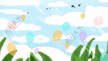 手绘六一儿童节气球绿叶背景设计