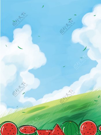 彩绘夏季蓝天白云西瓜背景素材