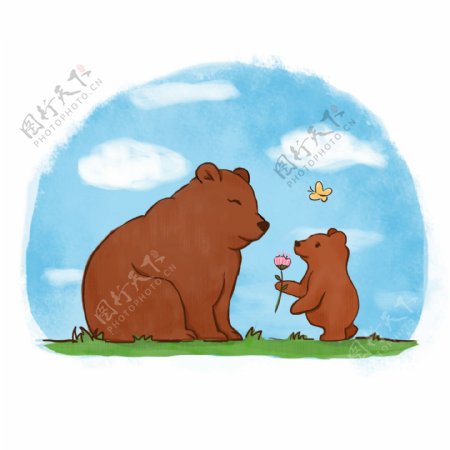 可爱卡通大小棕熊妈妈孩子送花感恩场景元素