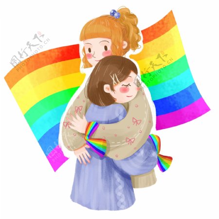 手绘卡通可爱女孩不再恐同日同性恋彩虹旗