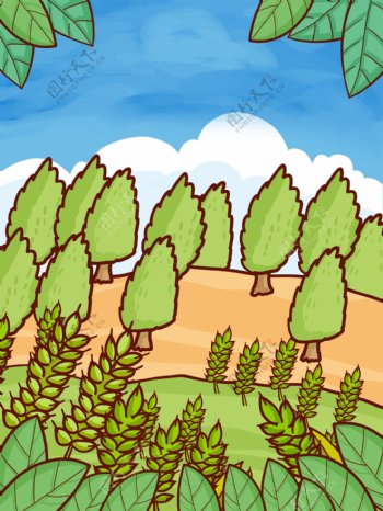 夏季彩绘麦穗树林背景素材