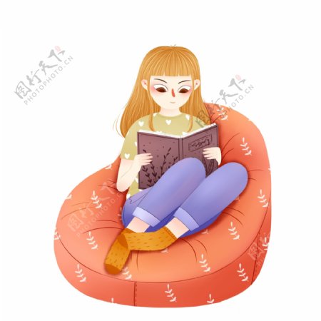 坐在沙发上看书的女孩图案