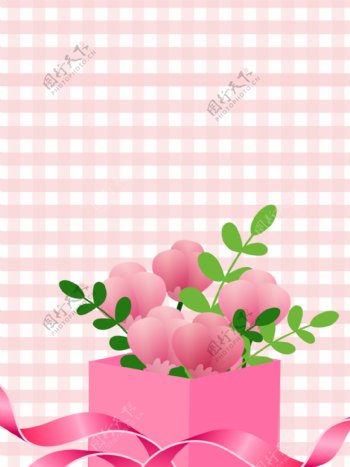 粉色方格创意唯美浪漫花朵丝带背景设计