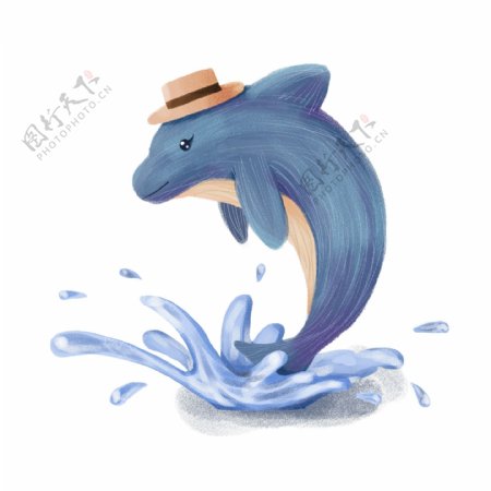 手绘可爱卡通动物蓝色鲨鱼鲸鱼水花