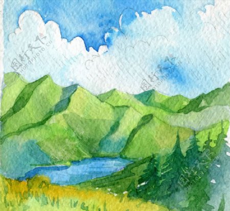 水彩绘山中湖泊风景