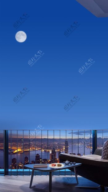 阳台沙发城市月亮蓝底