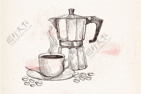手绘水壶咖啡杯插画