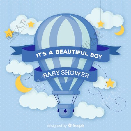 蓝色热气球迎婴派对海报矢量图