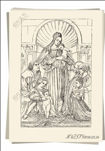 中世纪圣母画像手绘稿