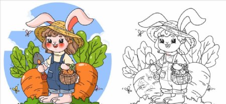 春天拔萝卜的小兔子填色插画